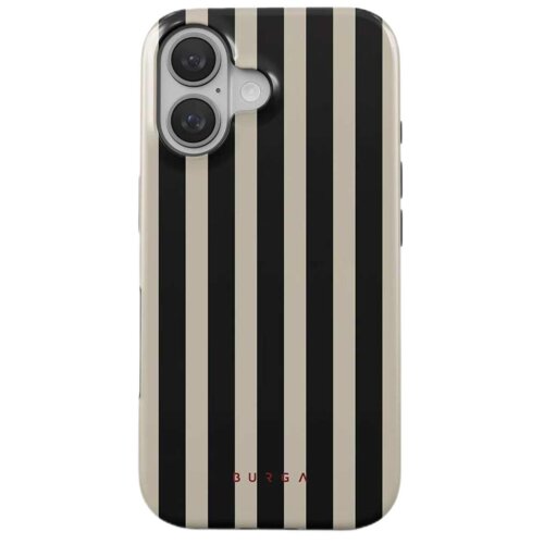 Etui na telefon z pionowymi czarno-beżowymi paskami, z widocznymi dwoma otworami na aparat oraz napisem "BURGA" na dole.