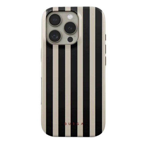 Etui na telefon z pionowymi czarno-beżowymi paskami, z widocznymi trzema obiektywami aparatu. Na dole etui znajduje się czerwony napis "BURGA".