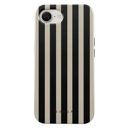 Etui na telefon z pionowymi, naprzemiennymi czarnymi i beżowymi paskami, z widocznym napisem "BURGA" w dolnej części. W górnym rogu znajduje się wycięcie na aparat.