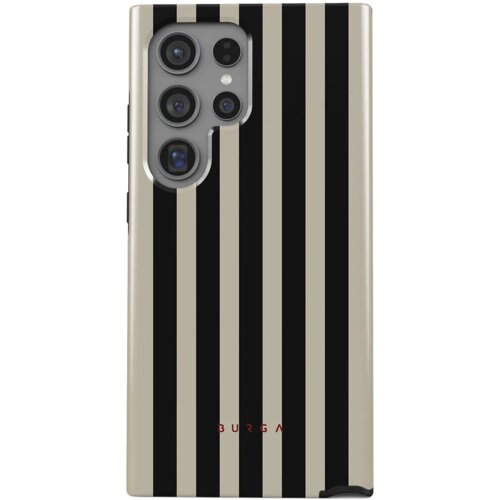 Etui na telefon z pionowymi czarno-beżowymi paskami, z wycięciem na aparat w lewym górnym rogu. Na dole widoczny jest czerwony napis "BURGA".
