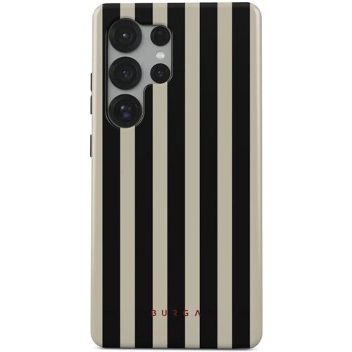 Etui na telefon z pionowymi, naprzemiennymi czarnymi i beżowymi paskami, z wycięciem na aparat w lewym górnym rogu. Na dole widoczny jest napis "BURGA".