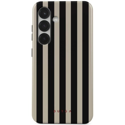 Etui na telefon z pionowymi czarno-beżowymi paskami, z trzema otworami na aparaty i jednym na lampę błyskową. Na dole widoczny jest napis "BURGA".