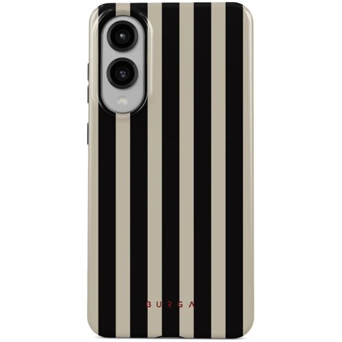 Etui na telefon z pionowymi, naprzemiennymi czarnymi i beżowymi paskami oraz napisem "BURGA" w dolnej części. W górnej części widoczne są dwa otwory na aparaty fotograficzne.