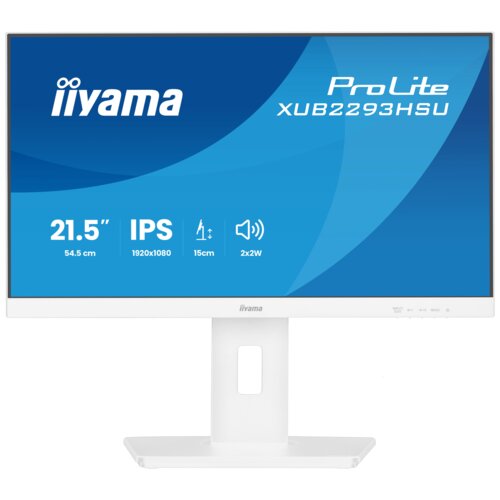 Monitor marki iiyama z białą ramką i podstawą, wyświetlający na ekranie niebieską grafikę z tekstem: "iiyama ProLite XUB2293HSU 21.5" 54.5 cm IPS 1920x1080 15cm 2x2W".