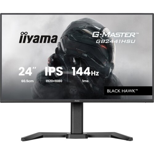 Monitor z wyświetlaczem przedstawiającym futurystyczną postać w hełmie, z widocznymi napisami: "iiyama", "G-Master GB2441HSU", "24” 60.5cm", "IPS", "1920x1080", "144Hz", "1ms" oraz "Black Hawk™".