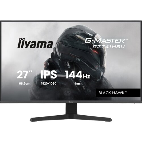 Monitor z grafiką futurystycznego hełmu na ekranie, z widocznymi napisami: "iiyama", "G-Master G2741HSU", "27” 68.5cm", "IPS", "1920x1080", "144Hz", "1ms" oraz "BLACK HAWK™".