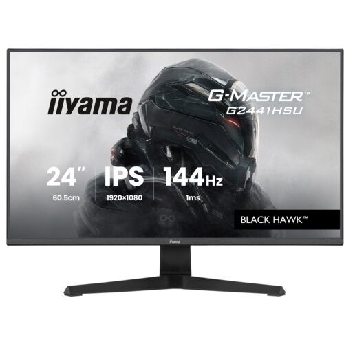 Monitor z wyświetlaczem przedstawiającym grafikę futurystycznego hełmu, z widocznymi napisami: "iiyama", "G-Master G2441HSU", "24” 60.5cm", "IPS 1920x1080", "144Hz", "1ms", oraz "Black Hawk".