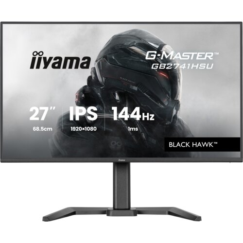 Monitor z logo "iiyama" i napisem "G-Master GB2741HSU" na tle postaci w hełmie, z informacjami: "27” 68.5cm", "IPS 1920x1080", "144Hz", "1ms" oraz "BLACK HAWK™".
