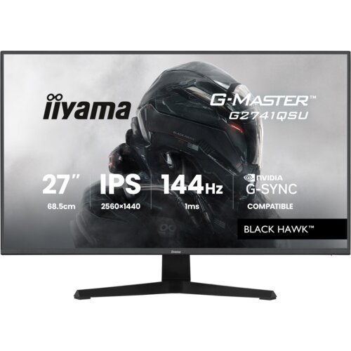 Monitor z widocznym logo "iiyama" oraz napisami: "G-Master G2741QSU", "27” 68.5cm", "IPS 2560x1440", "144Hz 1ms", "NVIDIA G-SYNC Compatible", "Black Hawk". Na ekranie znajduje się grafika przedstawiająca futurystyczny hełm.