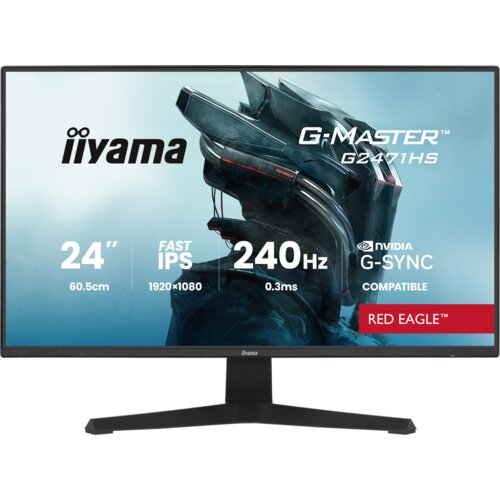 Monitor marki iiyama z serii G-Master G2471HS-B1 o przekątnej 23.8 cala, rozdzielczości 1920x1080 pikseli, technologii IPS, częstotliwości odświeżania 240 Hz i czasie reakcji 0.3 ms, z logo NVIDIA G-SYNC Compatible oraz oznaczeniem "RED EAGLE". Na ekranie widoczna jest grafika przedstawiająca futurystyczny hełm.