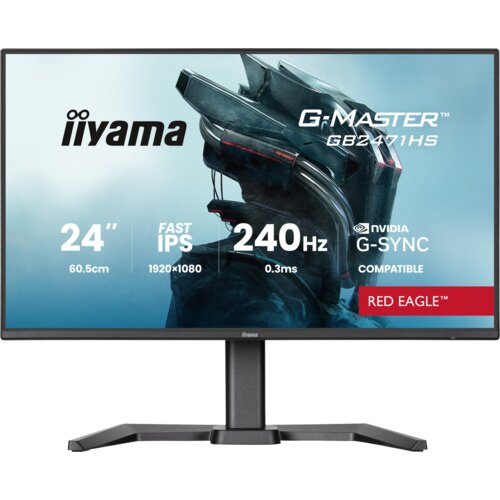 Monitor marki iiyama z serii G-Master GB2471HS-B1 o przekątnej 23,8 cala, rozdzielczości 1920x1080 pikseli, technologii IPS, częstotliwości odświeżania 240 Hz i czasie reakcji 0,3 ms [MPRT]. Na ekranie widoczne są napisy: "24” 60.5cm", "FAST IPS", "1920x1080", "240Hz", "0.3ms", "NVIDIA G-SYNC COMPATIBLE", "RED EAGLE™".