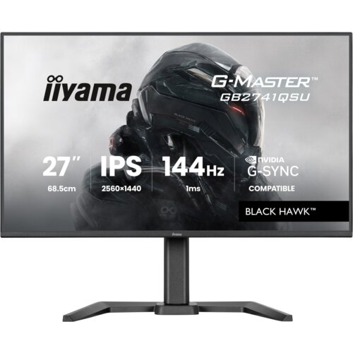 Monitor z widocznym logo "iiyama" oraz napisami: "G-Master GB2741QSU", "27” 68.5cm", "IPS", "2560x1440", "144Hz", "1ms", "NVIDIA G-SYNC Compatible", "Black Hawk". Na ekranie znajduje się grafika przedstawiająca futurystyczny hełm.