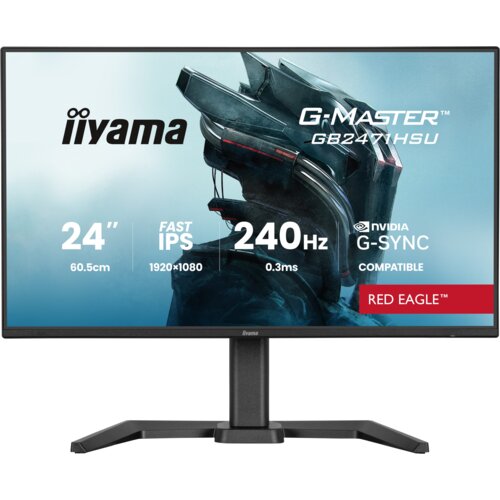 Monitor z logo "iiyama" i napisem "G-Master GB2471HSU" na ekranie, z grafiką przedstawiającą futurystyczny hełm. Widoczne specyfikacje to: 24" (60.5cm), Fast IPS, 1920x1080, 240Hz, 0.3ms, NVIDIA G-SYNC Compatible, Red Eagle.