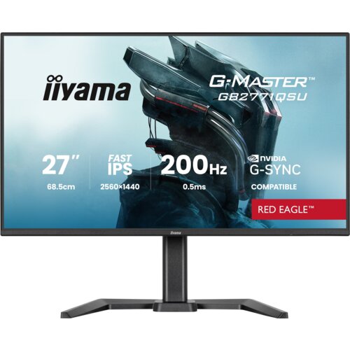 Monitor z logo "iiyama" i napisem "G-Master GB2771QSU" na ekranie, z grafiką przedstawiającą futurystyczny hełm. Widoczne specyfikacje: "27” 68.5cm", "FAST IPS", "2560x1440", "200Hz", "0.5ms", "NVIDIA G-SYNC COMPATIBLE", oraz "RED EAGLE™".