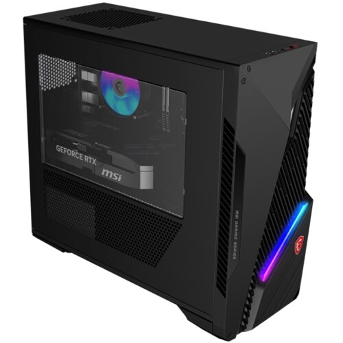 Czarny komputer stacjonarny z przezroczystym panelem bocznym, przez który widać podświetlony wentylator oraz kartę graficzną z napisem "GEFORCE RTX" i logo "msi". Na obudowie znajduje się napis "MSI GAMING SERIES" oraz podświetlenie LED w kolorach tęczy.