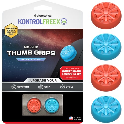 Opakowanie produktu z napisem "KONTROLFREEK NO-SLIP THUMB GRIPS GALAXY EDITION" oraz informacją o kompatybilności z "SWITCH 2 JOY-CON & SWITCH 1+2 PRO CONTROLLERS". Widoczne są cztery nakładki na analogi w kolorach czerwonym i niebieskim, a na dole opakowania znajduje się napis "MADE IN THE USA".