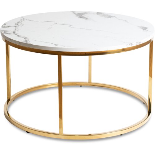 Okrągły stolik kawowy z białym marmurowym blatem i złotą metalową ramą. Stolik ma elegancki, nowoczesny design.