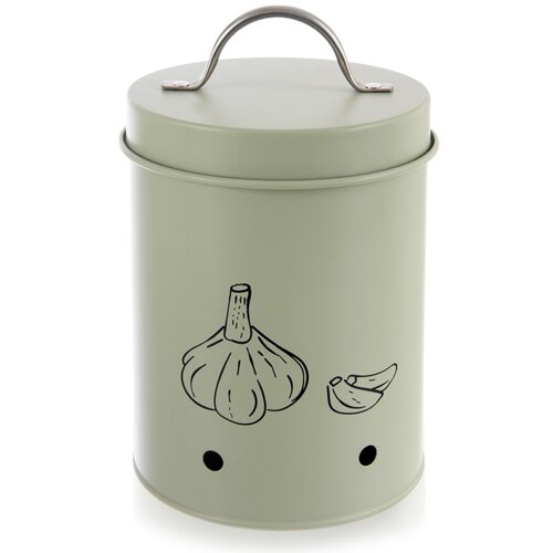 Metalowy pojemnik w kolorze zielonym z pokrywką i uchwytem, ozdobiony rysunkiem czosnku. Na dolnej części pojemnika znajdują się dwa otwory wentylacyjne.