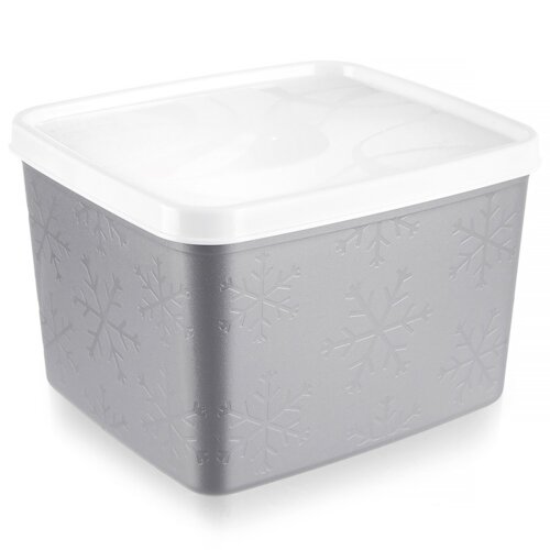 Szary pojemnik na żywność o pojemności 1,1 litra z białą pokrywką, ozdobiony wzorem płatków śniegu. Pokrywka jest przezroczysta, co umożliwia wgląd do wnętrza pojemnika.