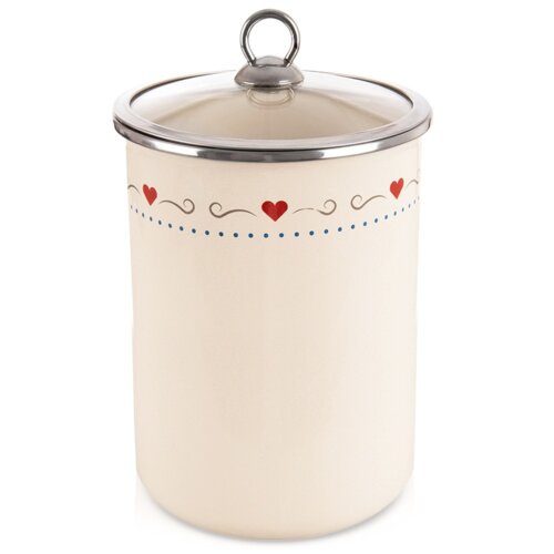 Emaliowany pojemnik na żywność z pokrywką szklaną, ozdobiony czerwonymi sercami i niebieskimi kropkami na kremowym tle. Pokrywka posiada metalowy uchwyt w kształcie pętli.