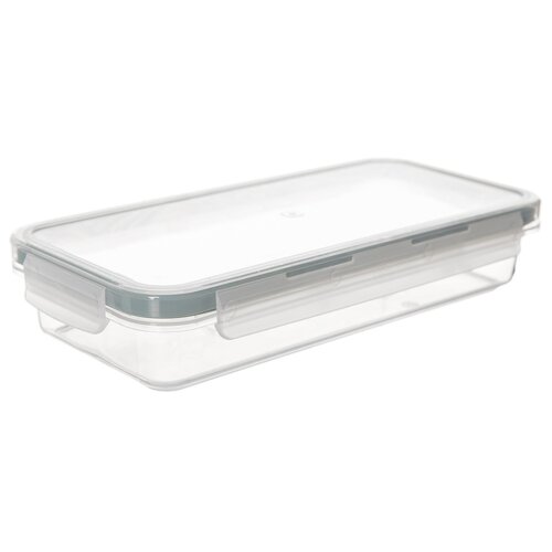 Przezroczysty pojemnik na żywność o pojemności 400 ml z pokrywką i uszczelką, wykonany z tworzywa sztucznego. Pojemnik ma prostokątny kształt i wyposażony jest w zatrzaski na bokach.
