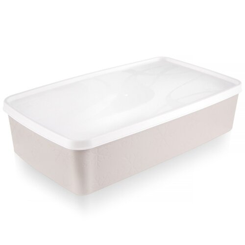 Beżowy pojemnik na żywność o pojemności 2 litrów z białą pokrywką, o prostokątnym kształcie i gładkiej powierzchni. Na bokach pojemnika widoczny jest delikatny wzór.