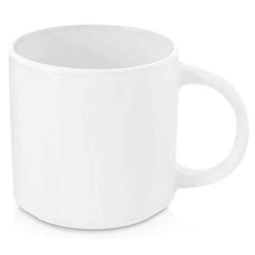 Biały porcelanowy kubek o pojemności 330 ml z gładką powierzchnią i dużym uchwytem. Produkt jest prosty w formie, bez widocznych zdobień czy napisów.