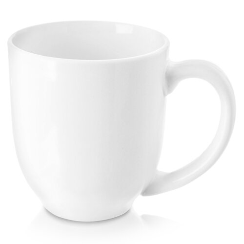 Biały porcelanowy kubek o pojemności 450 ml z gładką powierzchnią i dużym uchwytem. Kubek jest prosty w formie, bez widocznych zdobień czy napisów.