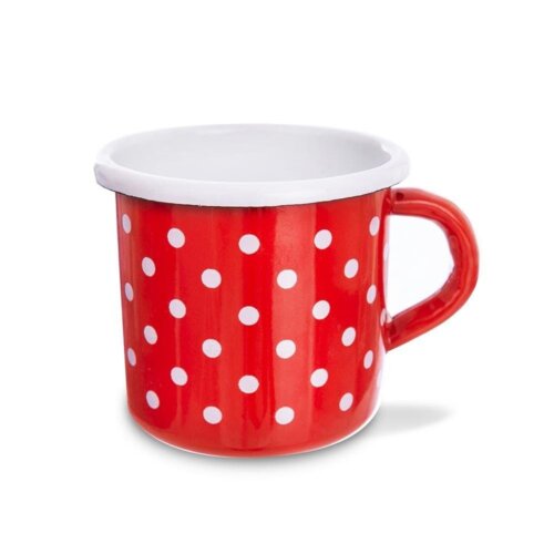 Czerwony kubek emaliowany z białymi grochami, o pojemności 400 ml, z białym wnętrzem i uchwytem po boku. Produkt jest przedstawiony na białym tle.