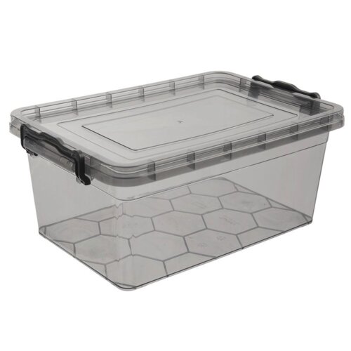 Przezroczysty, szary pojemnik na żywność o pojemności 9 litrów z pokrywką, posiadający czarne uchwyty po bokach. Na dnie pojemnika widoczny jest wzór w kształcie sześciokątów.