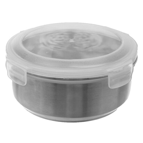 Okrągły stalowy pojemnik na żywność o pojemności 400 ml z przezroczystą pokrywką i uszczelką. Pokrywka posiada zatrzaski umożliwiające szczelne zamknięcie.