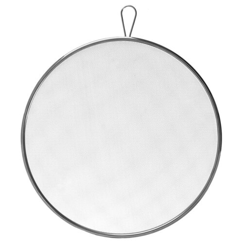 Na zdjęciu znajduje się okrągła pokrywka ochronna do smażenia o średnicy 24,5 cm, wykonana z drobnej siatki z metalową ramą i uchwytem na górze. Produkt jest przedstawiony na białym tle.