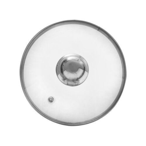 Szklana pokrywka o średnicy 16 cm z metalowym uchwytem na środku i małym otworem wentylacyjnym. Krawędź pokrywki jest wzmocniona metalowym obrzeżem.