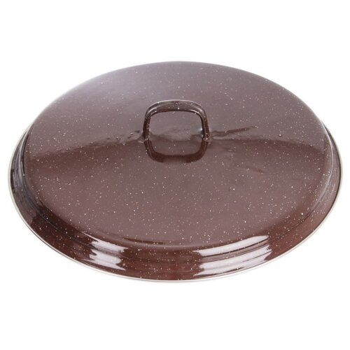 Brązowa, emaliowana pokrywka o średnicy 32 cm z uchwytem na górze, pokryta drobnymi, jasnymi kropkami. Powierzchnia pokrywki jest błyszcząca, co odbija światło.