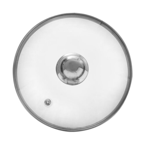 Szklana pokrywka o średnicy 20 cm z metalowym uchwytem na środku i otworem wentylacyjnym. Krawędź pokrywki jest wzmocniona metalowym obrzeżem.