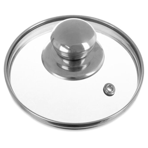 Szklana pokrywka o średnicy 12 cm z metalowym uchwytem i obrzeżem, widoczna na białym tle. Pokrywka ma również mały otwór wentylacyjny z metalowym wykończeniem.