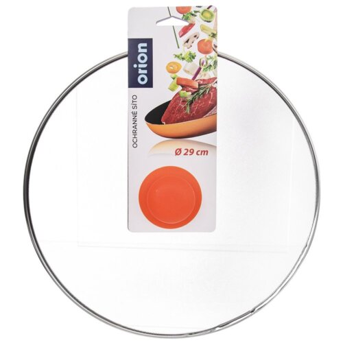 Pokrywka ochronna do smażenia o średnicy 29 cm z metalową ramką i etykietą z napisem "orion" oraz ilustracją przedstawiającą patelnię z mięsem i warzywami. Na etykiecie widnieje również napis "OCHRANNÉ SÍTO" oraz symbol "Ø 29 cm".