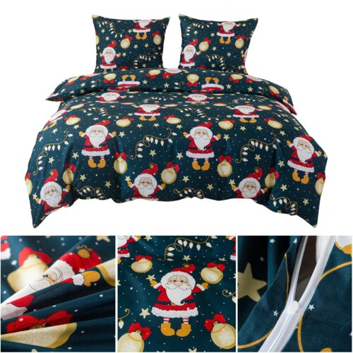 Komplet pościeli w rozmiarze 160 x 200 cm z trzema elementami, ozdobiony wzorem przedstawiającym postacie w czerwonych strojach, złote bombki i gwiazdki na ciemnym tle. Na zdjęciu widoczne są również zbliżenia na detale materiału oraz zamek błyskawiczny.