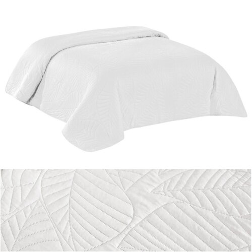 Na zdjęciu widoczna jest biała narzuta z tłoczonym wzorem przypominającym liście, wykonana z mikrofibry. Produkt ma wymiary 70 x 160 cm i jest pokazany na łóżku oraz w zbliżeniu, ukazując szczegóły wzoru.