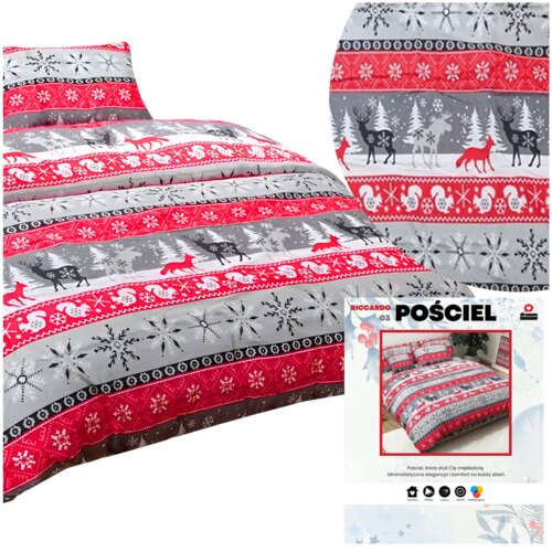 Pościel flanelowa w rozmiarze 140 x 200 cm z wzorem w renifery, lisy i śnieżynki w kolorach czerwonym, szarym i białym. Na zdjęciu widoczny jest również fragment opakowania z napisem "RICCARDO 03 POŚCIEL".