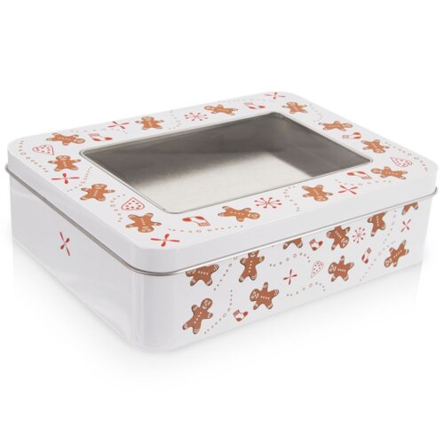 Metalowa puszka na ciastka o wymiarach 18x14,5x5 cm, ozdobiona wzorem z pierniczkami, serduszkami i laskami cukrowymi, z przezroczystym wieczkiem. Puszka ma biały kolor z brązowymi i czerwonymi elementami dekoracyjnymi.