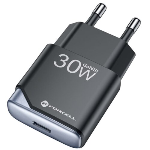 Czarna ładowarka sieciowa z napisem "30W GaNIII" oraz logo "FORCELL" na obudowie. Urządzenie posiada dwa metalowe bolce do podłączenia do gniazdka oraz port USB-C.