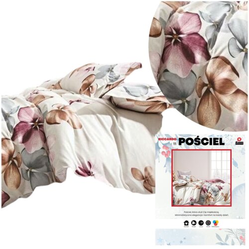 Pościel flanelowa w rozmiarze 220 x 200 cm z kwiatowym wzorem w odcieniach różu, brązu i szarości. Na opakowaniu widnieje napis: "RICCARDO 11 POŚCIEL", a poniżej znajduje się zdjęcie pościeli na łóżku oraz ikony przedstawiające cechy produktu.