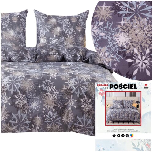 Pościel flanelowa w rozmiarze 220 x 200 cm z wzorem śnieżynek w odcieniach szarości i beżu. Na zdjęciu widoczny jest również fragment opakowania z napisem "RICCARDO 05 POŚCIEL".