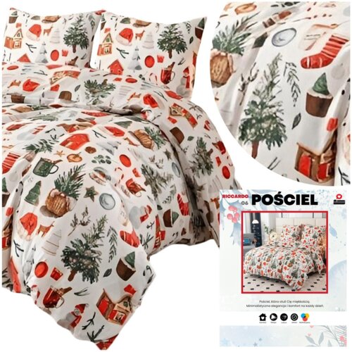 Pościel flanelowa w rozmiarze 160 x 200 cm z trzema elementami, ozdobiona wzorami świątecznymi, takimi jak choinki, domki i skarpety, w kolorach czerwonym, zielonym i brązowym. Na opakowaniu widnieje napis: "RICCARDO 06 POŚCIEL", a poniżej znajduje się zdjęcie przedstawiające pościel na łóżku w jasnym pokoju.