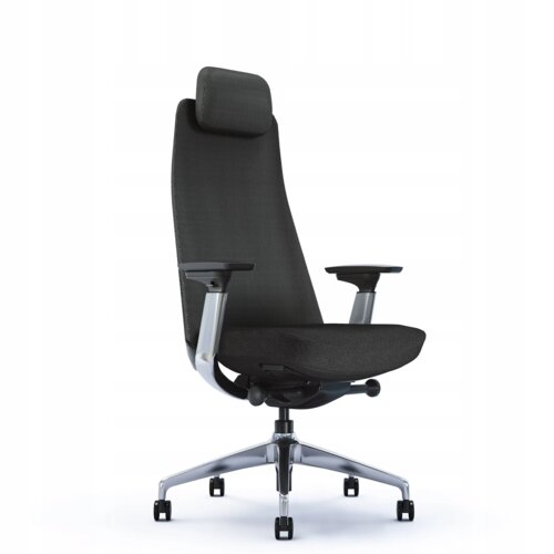 Ergonomiczny fotel biurowy w kolorze czarnym z chromowanymi elementami, posiada wysokie oparcie z zagłówkiem, regulowane podłokietniki oraz pięcioramienną podstawę na kółkach. Tkanina obicia jest ciemna i teksturowana.