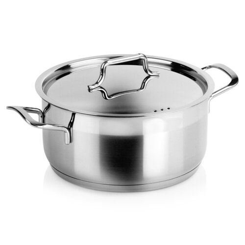 Stalowy garnek z pokrywką, o pojemności 3 litrów i średnicy 20 cm, z dwoma uchwytami po bokach i ozdobnym uchwytem na pokrywce. Powierzchnia garnka jest gładka i błyszcząca.