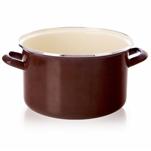 Brązowy garnek emaliowany o pojemności 6,5 litra i średnicy 26 cm, z dwoma uchwytami po bokach oraz jasnym wnętrzem i metalowym rantem.