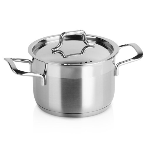 Stalowy garnek z pokrywką o pojemności 1,5 litra i średnicy 14 cm, z dwoma uchwytami i otworami na parę w pokrywce. Powierzchnia garnka jest gładka i błyszcząca.