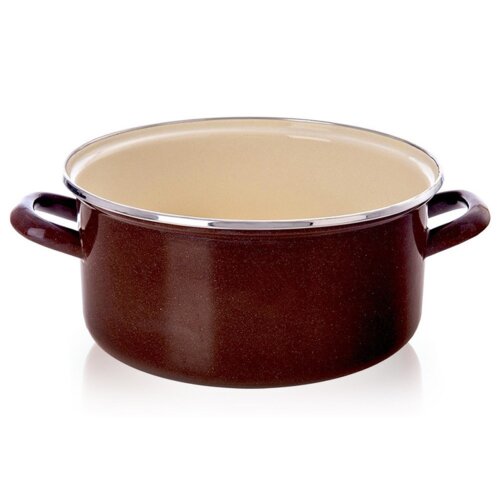 Emaliowany garnek w kolorze brązowym o pojemności 4 litrów i średnicy 24 cm, z jasnym wnętrzem i metalowym rantem, posiada dwa uchwyty po bokach. Produkt jest umieszczony na białym tle.